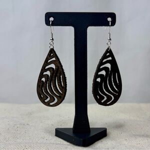 Elegant Brown Gold Abstract Zebra Teardrop Leather Earrings